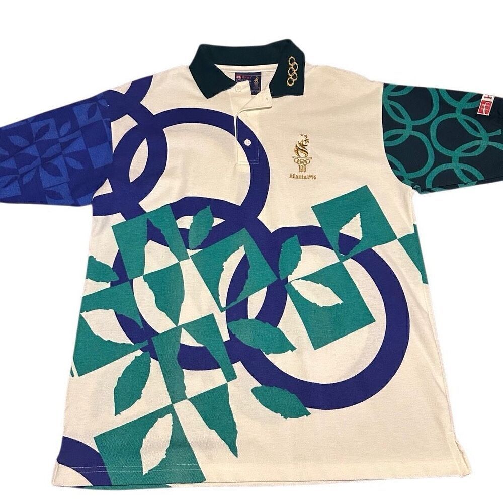 Vintage 1996 Atlanta Olympic Games Polo Shirt All Over print Logo Hanes Mens M